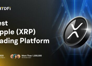Pancarta promocional del exchange BYDFi con una moneda de XRP