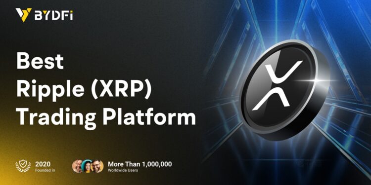 Pancarta promocional del exchange BYDFi con una moneda de XRP