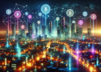 Vista de ciudad de noche con el símbolo de Bitcoin sobre los edificios.