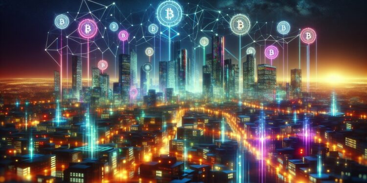 Vista de ciudad de noche con el símbolo de Bitcoin sobre los edificios.