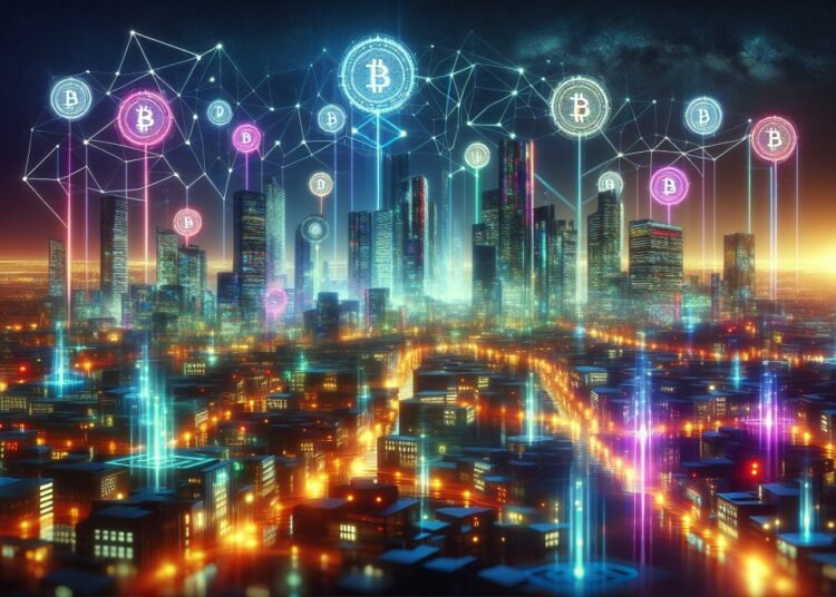 Vista de ciudad de noche con el símbolo de Bitcoin sobre los edificios.