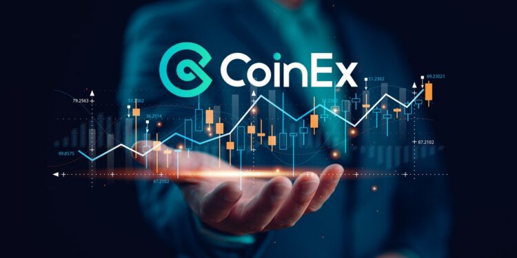 Un grafico de velas suspendido sobre la mano de un hombre con l logo de CoinEx sobre el.