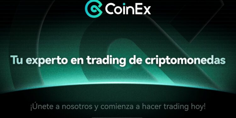 Logo de CoinEx arriba y al centro y texto del nuevo slogan al centro.