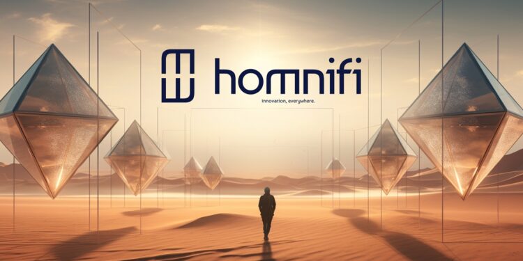Silueta de un hombre caminando sobre una tierra desértica y el logo de Homnifi arriba, en el cielo.