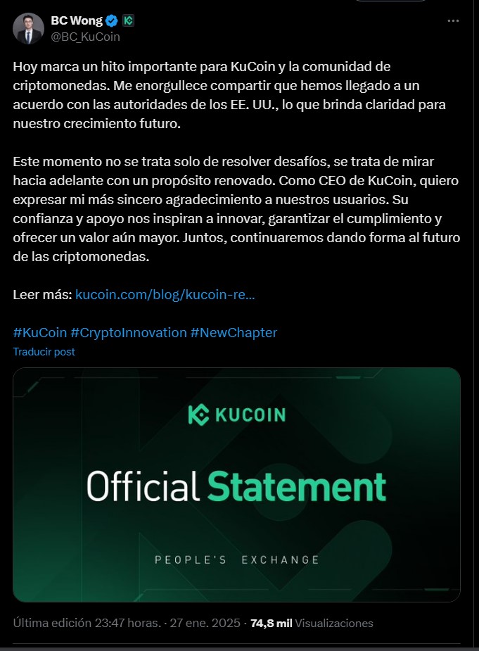 Post del nuevo CEO de Kucoin tras enfrentar cargos en EEUU