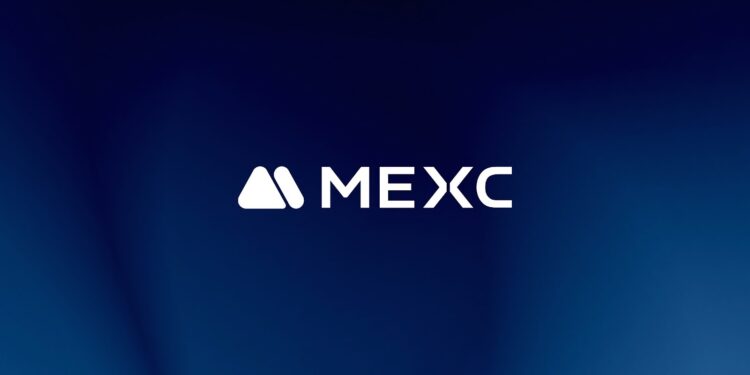 Fondo azul con el logo de MEXC en medio.