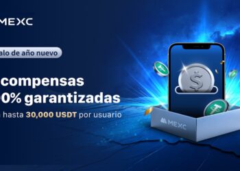 Teléfono celular saliendo de una caja de regalos con monedas USDT flotando alrededor.