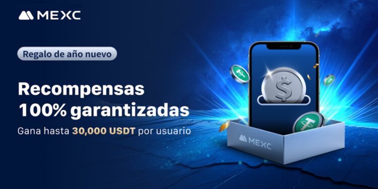 Teléfono celular saliendo de una caja de regalos con monedas USDT flotando alrededor.