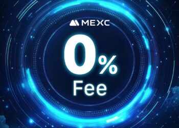 Fondo azul con círculos, logo de MEXC