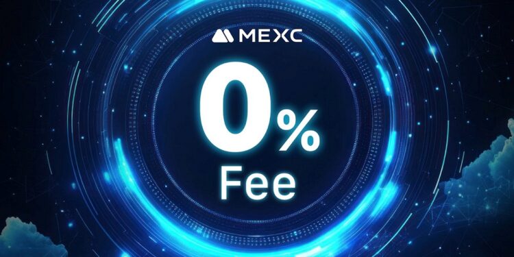 Fondo azul con círculos, logo de MEXC