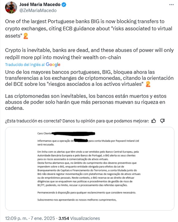 Comunicado de un banco portugués para bloquear transacciones de exchanges