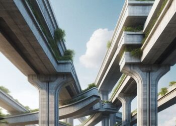 una autopista encima de una carretera, brutalismo