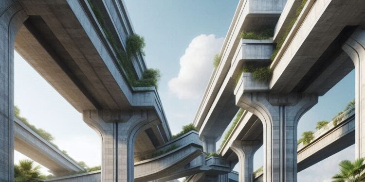 una autopista encima de una carretera, brutalismo