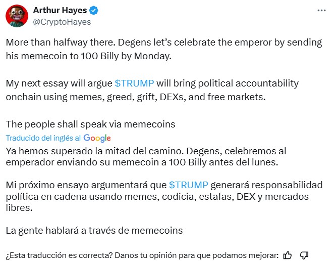 Opinión de Arthur Hayes sobre el token Trump