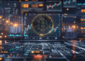 Una computadora portátil muestra un brillante símbolo de Bitcoin contra un fondo de gráficos financieros dinámicos y flujos de datos, que simbolizan el volátil mercado de las criptomonedas.
