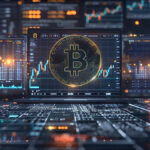Una computadora portátil muestra un brillante símbolo de Bitcoin contra un fondo de gráficos financieros dinámicos y flujos de datos, que simbolizan el volátil mercado de las criptomonedas.