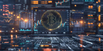 Una computadora portátil muestra un brillante símbolo de Bitcoin contra un fondo de gráficos financieros dinámicos y flujos de datos, que simbolizan el volátil mercado de las criptomonedas.