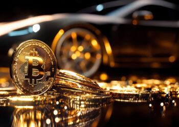moneda de bitcoin entre monedas apiladas con lujoso auto deportivo en el fondo