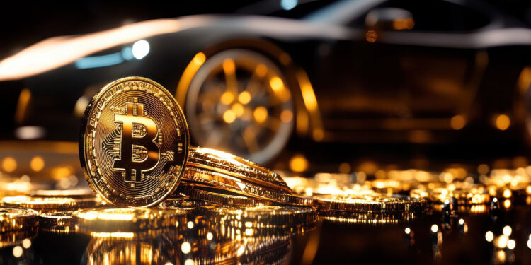 moneda de bitcoin entre monedas apiladas con lujoso auto deportivo en el fondo