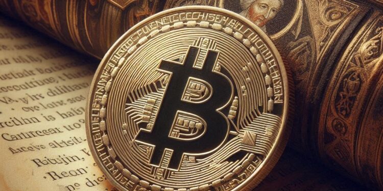 bitcoin sobre un libro de historia, estilo escolastico