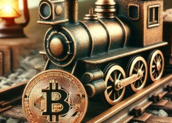 bitcoin sobre unos rieles de tren, estilo dieselpunk