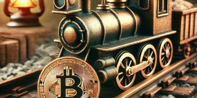 bitcoin sobre unos rieles de tren, estilo dieselpunk