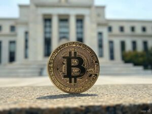 Moneda de bitcoin delante del edificio de la Fed.