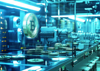 Moneda de bitcoin junto a criptomonedas expuestas detras de vidrio protector en bóveda de seguridad