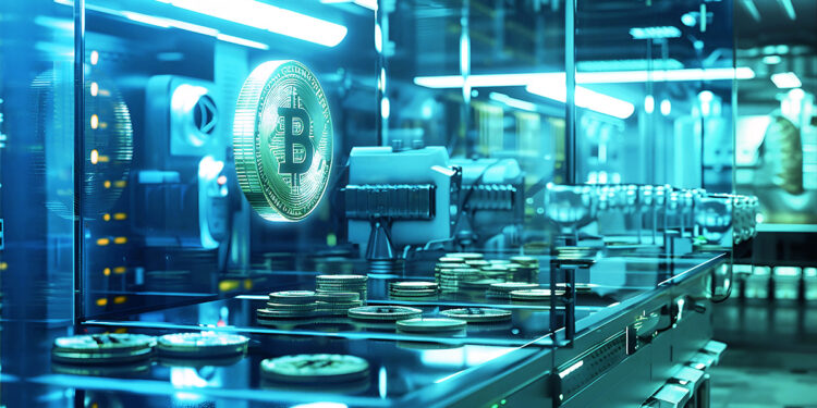 Moneda de bitcoin junto a criptomonedas expuestas detras de vidrio protector en bóveda de seguridad