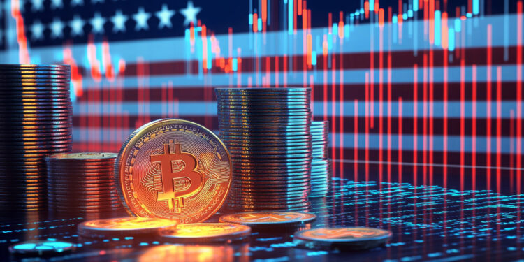 moneda de bitcoin entre monedas apiladas sobre pantala con graficos de mercado de criptomonedas con grafico de precio proyectado en pantalla de fondo con bandera de los estados unidos superpuesta