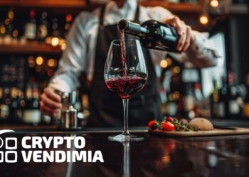 Primer plano de un camarero sirviendo vino tinto en una copa en la barra de un restaurante con el logo de cryptoVendimia superpuesto