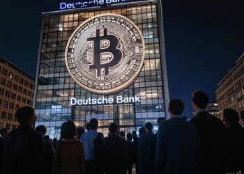 sede Deutsche bank con moneda bitcoin