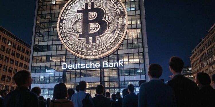 sede Deutsche bank con moneda bitcoin