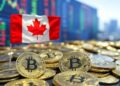 cientos de monedas de bitcoin frente a la bandera de Canadá.