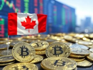 cientos de monedas de bitcoin frente a la bandera de Canadรก.