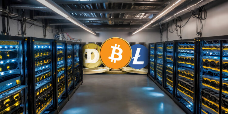 Racks de equipos ASIC de minería de criptomonedas y logos de Bitcoin y Litecoin.
