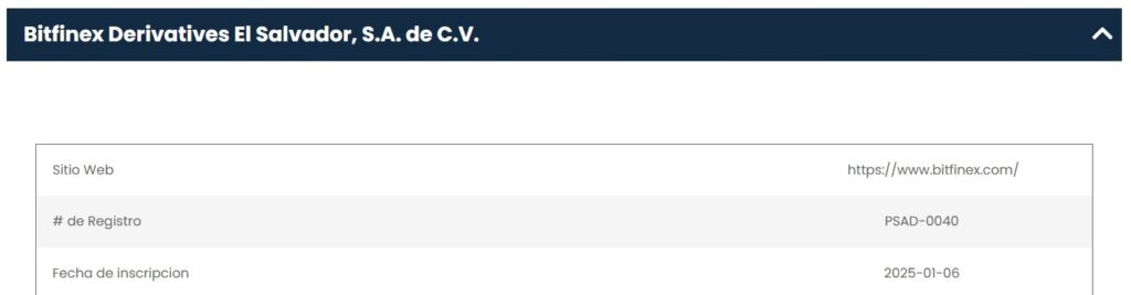 Registro de la filial de Bitfinex en El Salvador