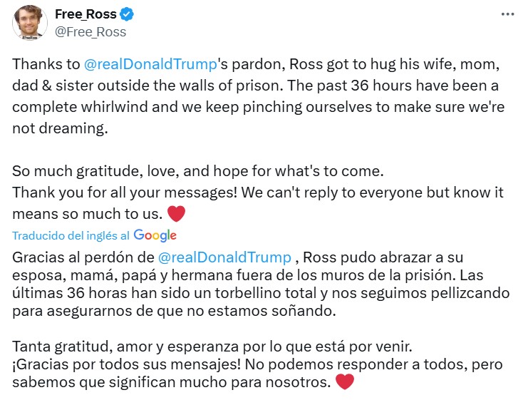 Mensaje de agradecimiento por la liberación de Ross Ulbricht, desde la cuenta en X Free_Ross