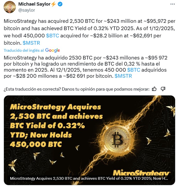 Post de Michael Saylor sobre la segunda compra de bitcoin del año de MicroStrategy