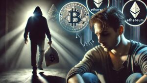 Una víctima de secuestro aparece del lado derecho y al fondo se observa a su captor caminando.