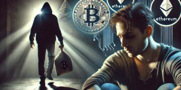 Una víctima de secuestro aparece del lado derecho y al fondo se observa a su captor caminando.