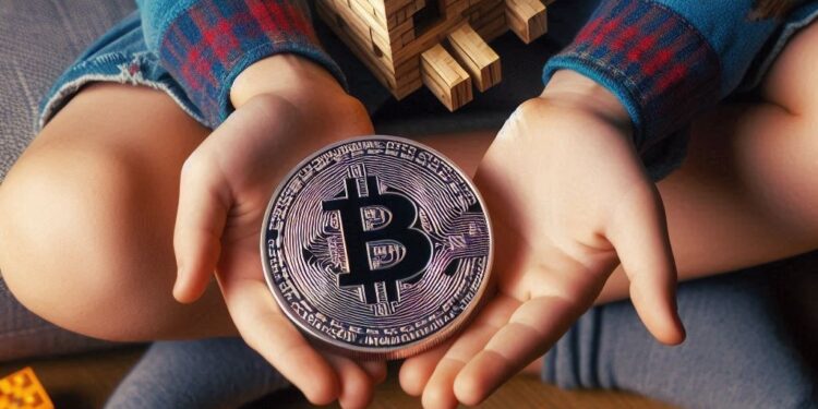 un niño jugando con un mini ASIC de bitcoin, estilo minecraft