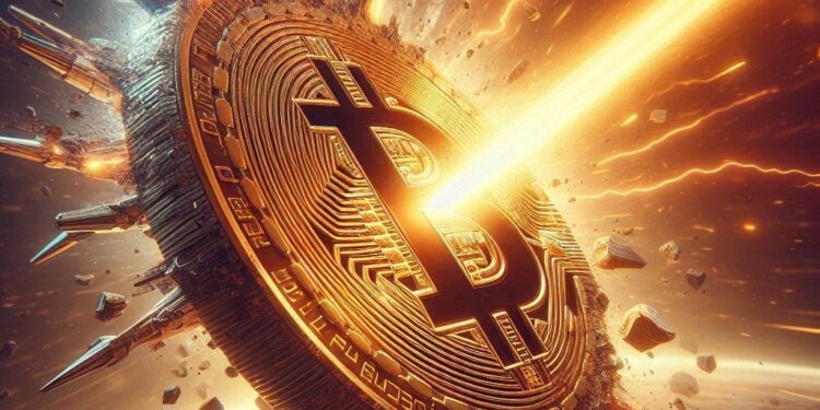 un rayo cuántico destrozando un bitcoin, estilo sci-fi