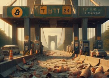 Los peajes de una autopista de bitcoin abandonados y destrozados, estilo newyorker