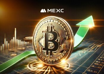 Bitcoin con flecha verde de fondo, gráficos y logo de MEXC.