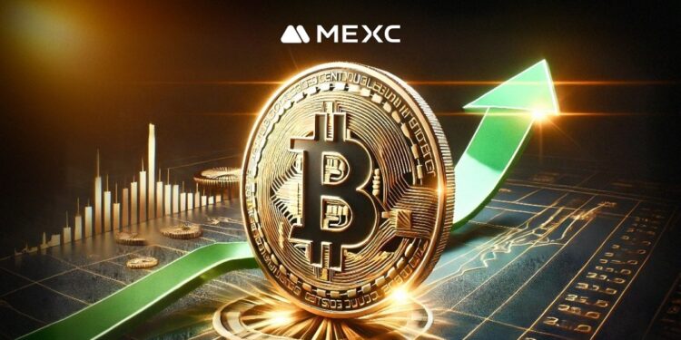 Bitcoin con flecha verde de fondo, gráficos y logo de MEXC.