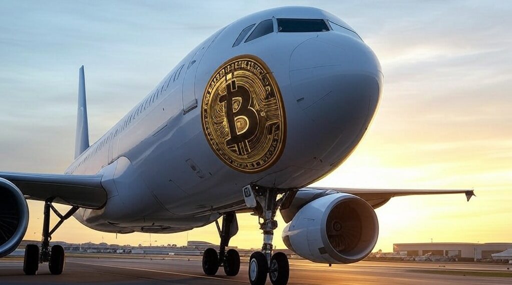 Un avión en tierra con una moneda de bitcoin plasmada en uno de sus costados.