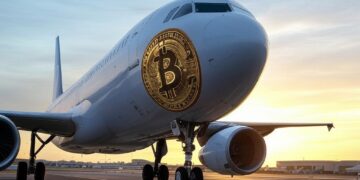 Un avión en tierra con una moneda de bitcoin plasmada en uno de sus costados.