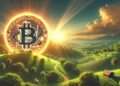 Una moneda física de bitcoin brilla como si fuera el sol sobre una montaña.
