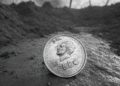 una moneda de banco central CBDC en un trinchera de guerra de la segunda guerra mundial, vista isometrica en blanco y negro. Generar imagen